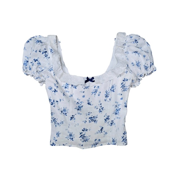 Reformation White Blue Floral Puff Sleeve Square Neck Smocked Crop Top Size 2 - Picture 2 of 9